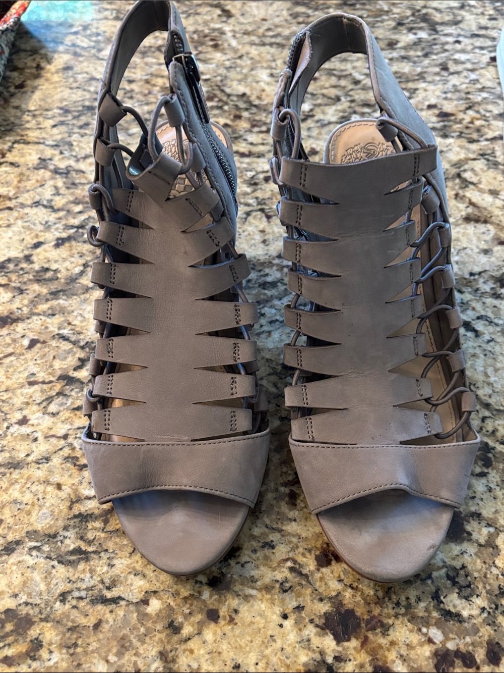 Vince Camuto Taupe Strappy Cutout Heel Sandals